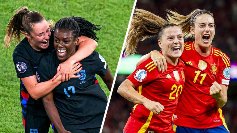 Kuvakollaasi Englannin Ella Toonesta ja Michelle Agyemangista sekä Espanjan Claudia Pina ja Alexia Putellas.
