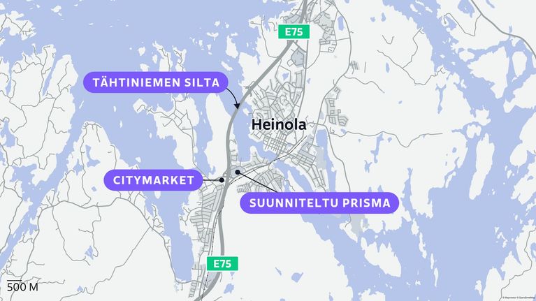 Kartta Heinolan alueesta, jossa näkyy sijainnit: Tähtiniemen silta, Citymarket sekä suunniteltu Prisma.