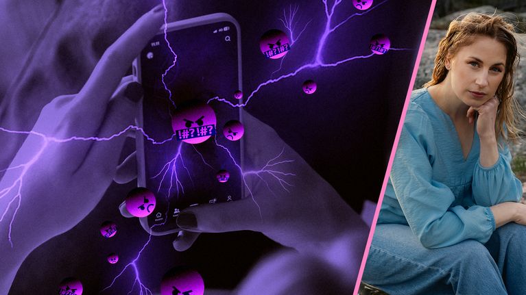 Älypuhelin josta tulee vihaisia emojeita ja toimittaja Emma Karasjoki.