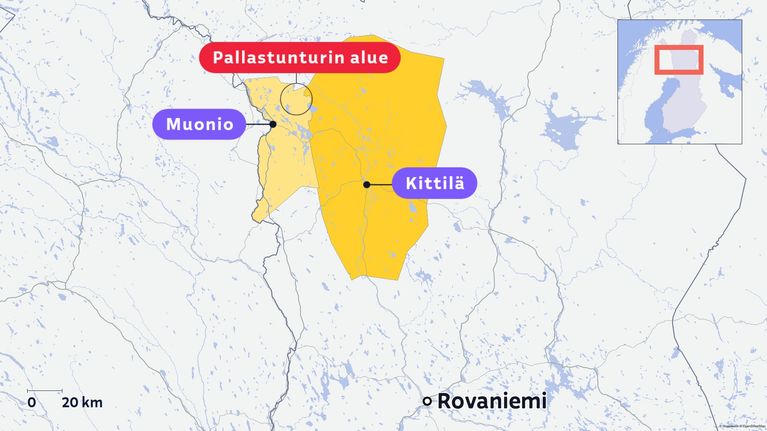 Karttagrafiikka, joka näyttää Kittilän ja Muonion kuntien alueet, sekä Pallastunturin alueen sijainnin.