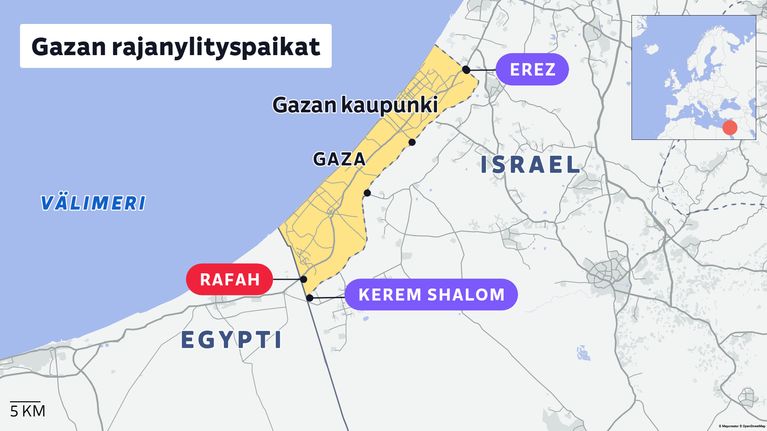 Karttaan merkitty Gazan rajanylityspaikat Rafah, Kerem Shalom ja Erez.