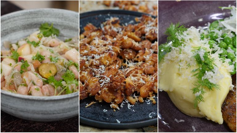 Three photos of food portions, first a bowl of beans, then a plate of baked beans with cheese and then a plate of mashed potatoes with dill and cheese.