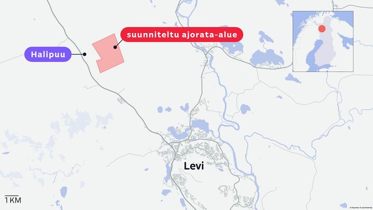 Kartta Kittilästä, jossa näkyy Levin alue, Halipuu ja suunniteltu ajorata-alue.