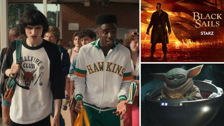 Kollaasissa kuvat Stranger things, Black sails ja Mandalorian sarkoista.