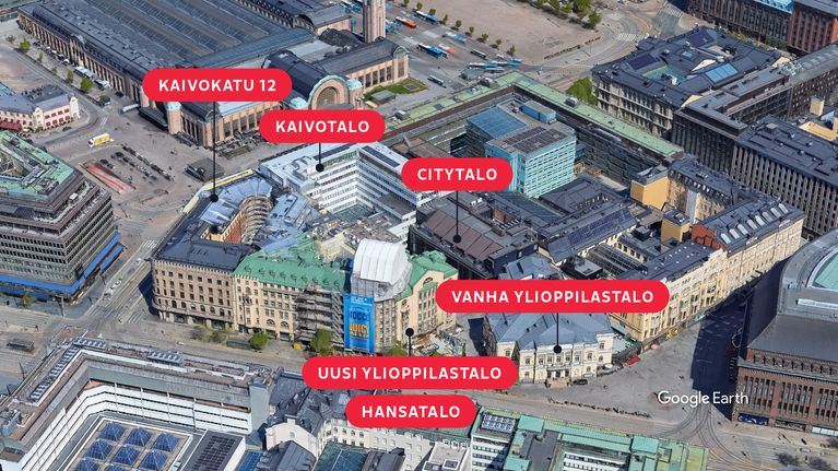 HYY-yhtiöiden rakennukset ydinkeskustassa.