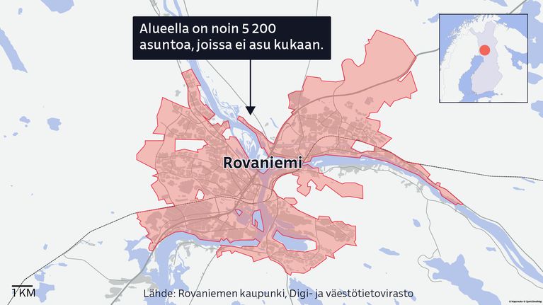 Kartalle merkittynä alue Rovaniemen keskusta-alueella, jos on noin 5200 asuntoa, joissa ei asu kukaan.