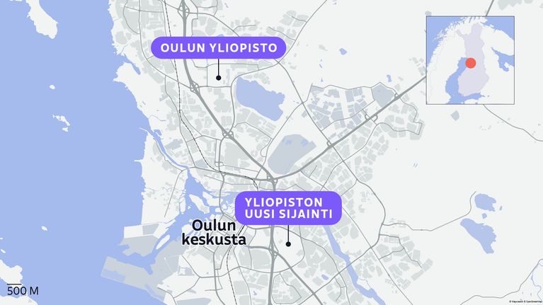 Oulun kartta, jossa on merkitty nykyinen Oulun yliopiston sijainti ja yliopiston uuden sijainnin suunniteltu paikka lähellä Oulun keskustaa.