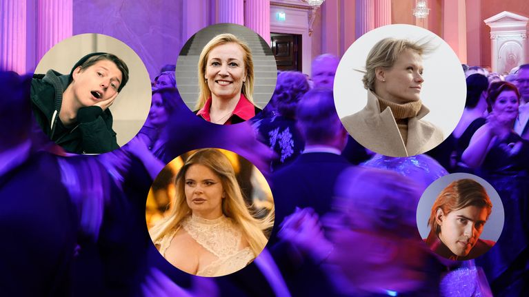 Presidentinlinnan sisätiloissa otetun juhlakuvan päällä on viiden henkilön valokuvat: Johannes Mollberg, Erika Vikman, Katariina Murto, Hanna Vass ja Robin Packalén.