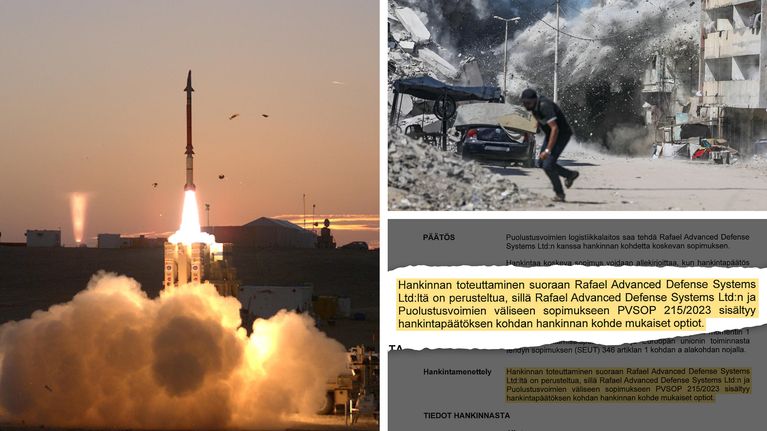 Daavidin lingon Stunner-ohjuksen laukaisu sekä Puolustusvoimien logistiikkalaitoksen dokumentteja asehankinnoista Israelista Gazan sodan aikana. 