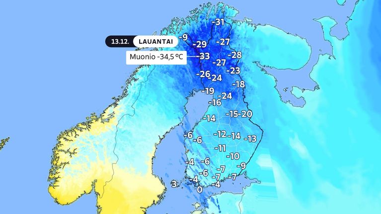 13.12.2025 aamun lämpötilahavaintoja sääkartalla. 