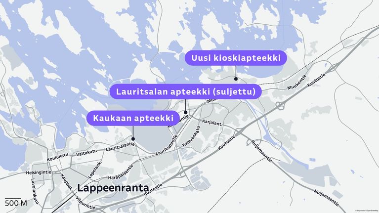Kartassa on apteekkari Paula Timosen nykyisiä ja entisiä toimipisteitä Lappeenrannassa. 
