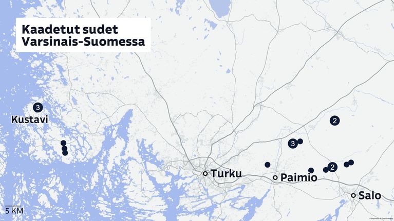 Kartta näyttää, missä susia on Varsinais-Suomessa kaadettu. Kustavissa ja Paimion ja Salon rajaseuduilla on merkintöjä.