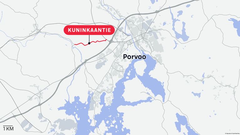 Kartta Porvoosta, jossa näkyy Kuninkaantie.