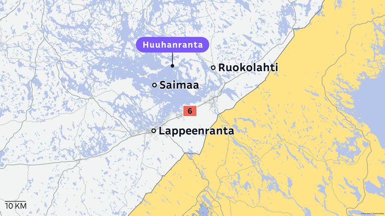 Kartassa merkattu Ruokolahden Huuhanranta. 