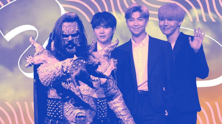 Lordi ja osa BTS-yhteen jäsenistä syvättynä Musavisan grafiikkaan.
