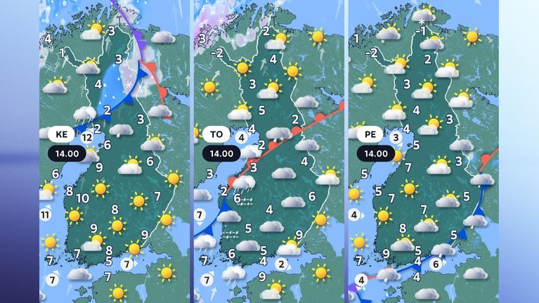 Lähipäivien sääennustekartat.
