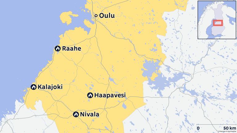 Kuvassa tällä viikolla tiistai-iltapäivään mennessä ilmoitetut maastopalot Pohjois-Pohjanmaalla.
