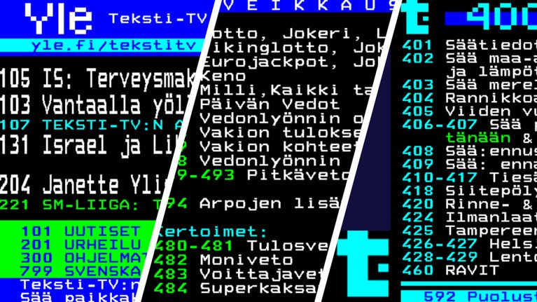 Kuvassa kooste Teksti-TV:n sivuista.