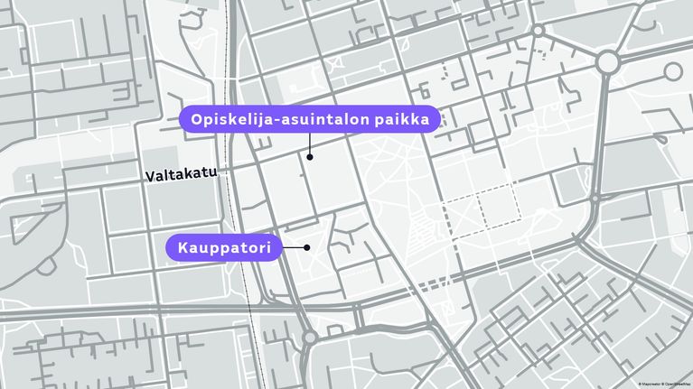 Kartta, johon on merkitty opiskelija-asuintalon paikka, Valtakatu ja kauppatori Lappeenrannassa.