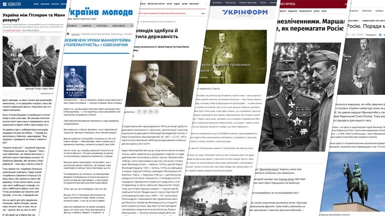 Kuvakombo erinäisistä ukrainalaisista sivustoista. artikkeleissa mannerheim.
