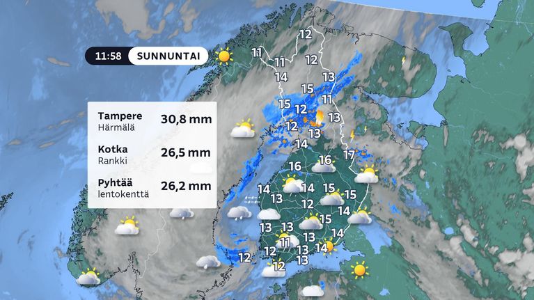 Runsaita sateita on liikkunut maan etelä- ja keskiosan yli 14.6.2026. 