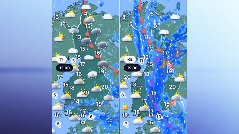 Sääkartat tiistaille ja keskiviikolle 16.6. - 17.6.2026. 