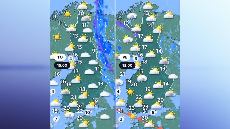 Torstain ja perjantain sääkartat.