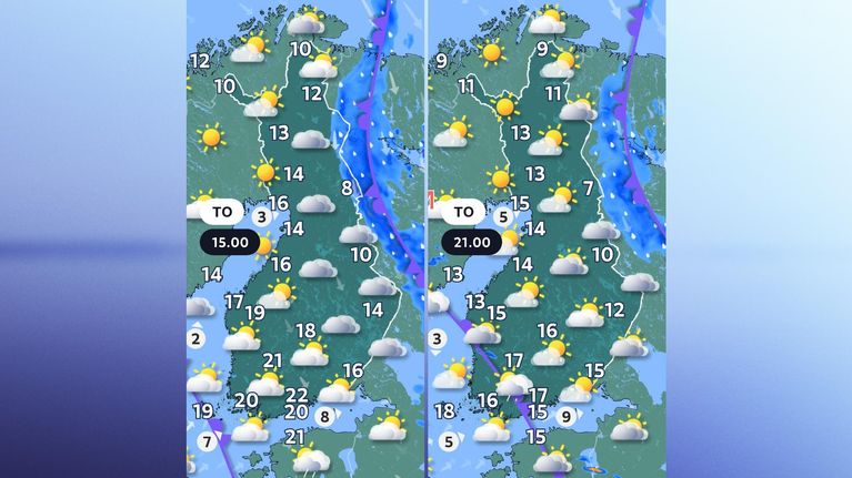 Torstai-iltapäivän ja -illan sääkartat.