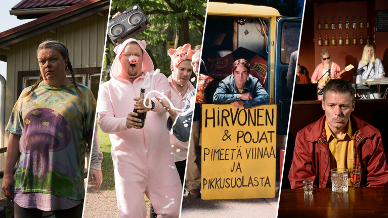 Kollaasi, jossa on kuvia seuraavista suomalaisista elokuvista: 100 litraa sahtia, Luokkakokous 2, Helmiä ja sikoja sekä Kuolleet lehdet.
