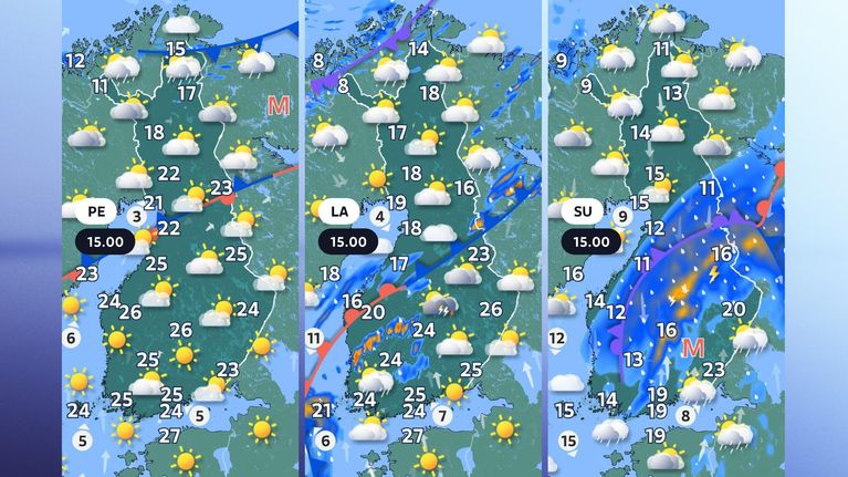 Perjantain ja viikonlopun sääkartat.