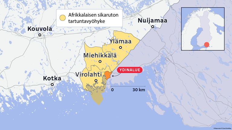 Kartta Kaakkois-Suomesta, jossa on keltaisella merkitty afrikkalaisen sikaruton tartuntavyöhyke Virolahdella, Miehikkälässä ja Lappeenrannan Ylämaalla.. Oranssilla on merkitty tartuntavyöhykkeen ydinalue.