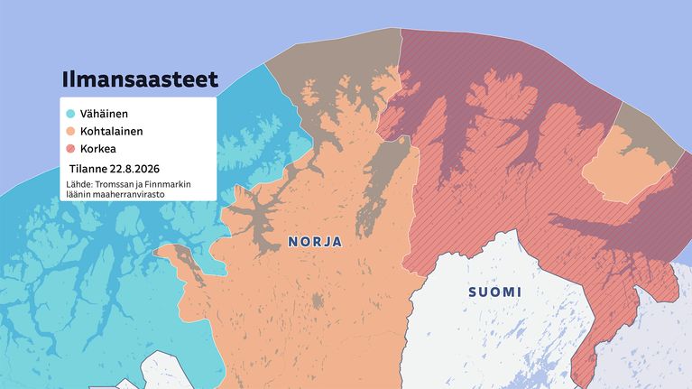 Kartta ilmansaasteista Suomen ja Norja Lapissa.
