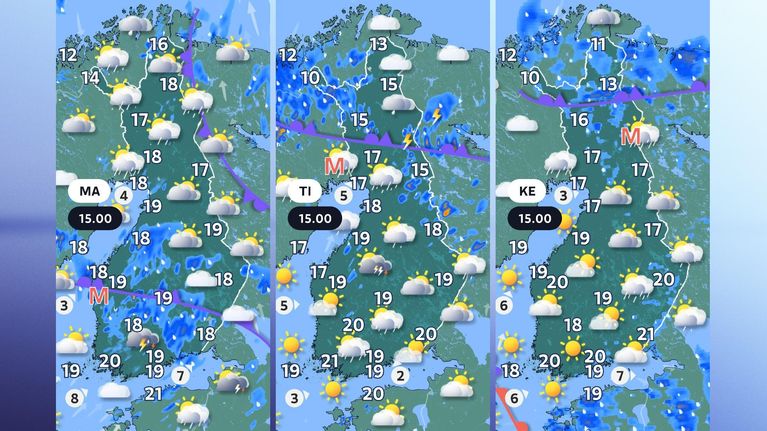 Alkuviikon sääkartat.