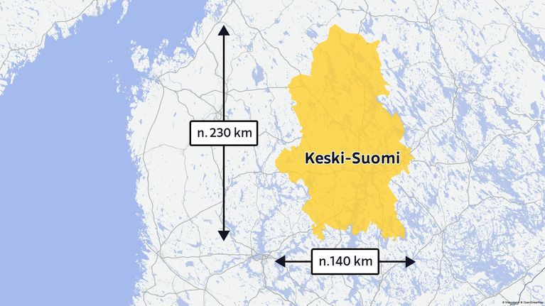 Kartta näyttää Keski-Suomen koon kartalla.