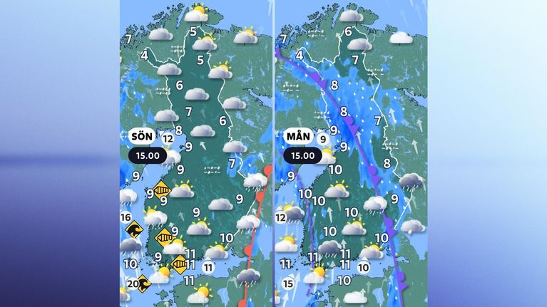 Ett kollage med två väderkartor över Finland: söndagsvädret med vind- och vågvarningar längs med västkursten till vänster och måndagsvädret med en regnfront över östra Finland. På båda varierar temperaturerna från 11 grader i söder till 4 i Lapska armen.