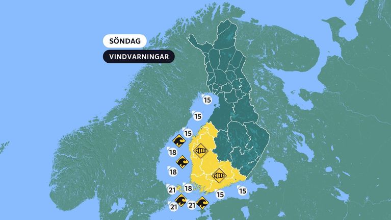 En väderkarta över Finland med vind- och vågvarnignar för söndag. Vindvarning gäller på land i södra och västra Finland och på samtliga sjödistrikt varnas för vind mellan 15 och 21 meter i sekunden.