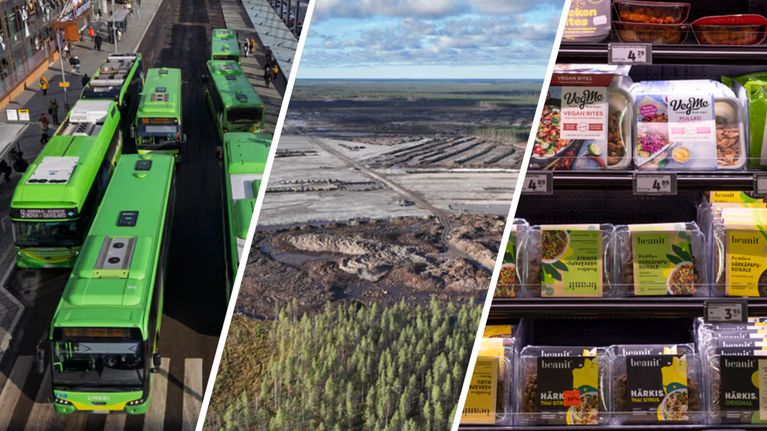 Kolme kuvan yhdistelmässä näkyy busseja, metsää ja kasvisproteiineja kaupan hyllyssä.