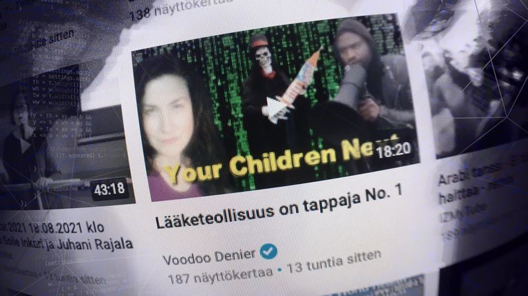 Ruutukaappaus Tokentube nettisivulta, jossa thumbnail-kuva videosta ja otsikko. Thumbnail-kuvassa pääkallonaamioon pukeutunut mies kantaa isoa rokotetta. Videon otsikossa lukee, että Lääketeollisuus on tappaja numero yksi.