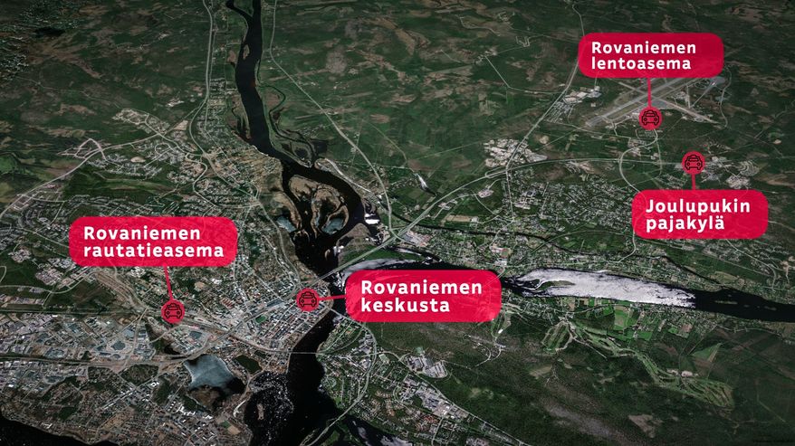 Karttagrafiikka Rovaniemen sateliittikuvan päällä, jossa näkyy keskeisimmät taksipaikat.