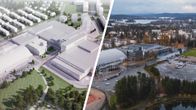 Kuvakombossa näkyy havainnekuva Hippoksen liikuntakeskittymän suunnitelluista rakennuksista ja nykytilanne.