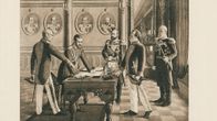 Helmikuun manifesti. Helmikuun manifestin allekirjoitustilaisuus. Konstantin Pobedonostsev, keisari Nikolai II, Aleksei Kuropatkin, Vjatseslav von Pleve (Plehwe) ja Suomen kenraalikuvernööri Nikolai BOBRIKOV. Kuvattu: 1.1.1899