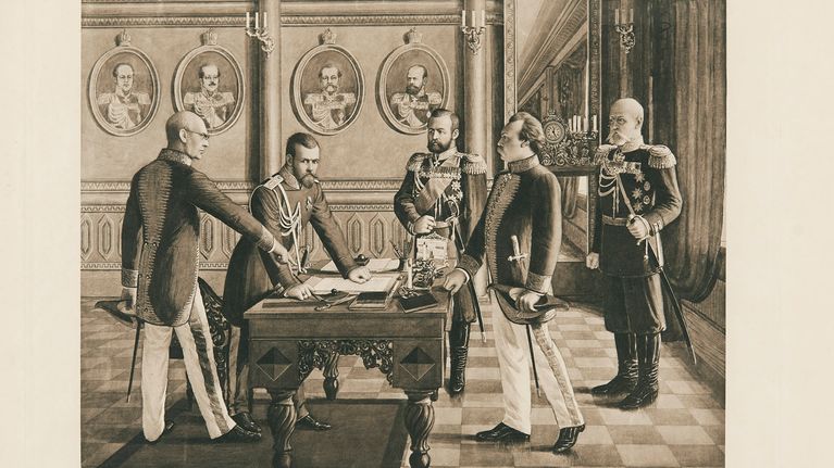 Helmikuun manifesti. Helmikuun manifestin allekirjoitustilaisuus. Konstantin Pobedonostsev, keisari Nikolai II, Aleksei Kuropatkin, Vjatseslav von Pleve (Plehwe) ja Suomen kenraalikuvernööri Nikolai BOBRIKOV. Kuvattu: 1.1.1899