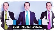 Sama mies erivärisissä kravateissa, keskimmäisen kädet on korvattu Facebook-peukaloilla.