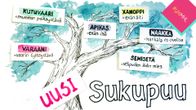 Käsin piirretty sukupuu, jossa uusia sanoja uusperheiden uusille sukulaisille.