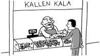 Kalatiskillä kauppias ojentaa kalaa vaikka ostaja ei ole vielä antanut rahaa.