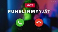 MOT: Puhelinmyyjät -ohjelman kansikuva. Kuvassa henkilö kuulokkeet korvilla, päällä puhelimen vastaa ja hylkää -napit.