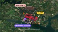 Grafiikka näyttää Blastrin tehtaalle ja sen ympäristöön kaavoitetun alueen kartalla. Yhteensä alue olisi noin kolme kilometriä leveä.