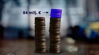 Kuvitus: 84 milj. € näkyvänä lisäyksenä kolikkopinojen huipulla.