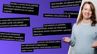Kahden kuvan yhdistelmä, joista oikeanpuolimmaisessa nainen seisoo kädet levällään ja vasemmanpuoleisessa on kuvakaappauksia X-postauksista violetilla taustalla.
