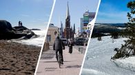 Kolmen kuvan kuvakombo, jossa näkyy hiekkarantaa, kävelykatu ja tunturimaisema.